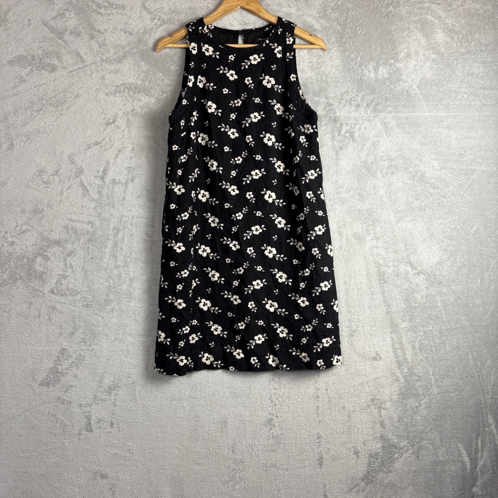RW&CO Dress Floral Print Sleeveless Shift Medium Black White Linen Blend Mini